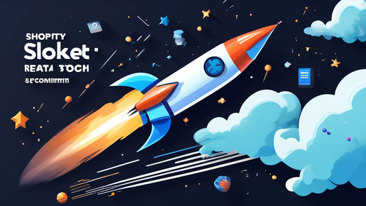 A rocket ship soaring through space, leaving a trail of data and dollar signs in its wake, with the Shopify logo prominently displayed on the rocket's side. The rocket is surrounded by a cloud of SEO 