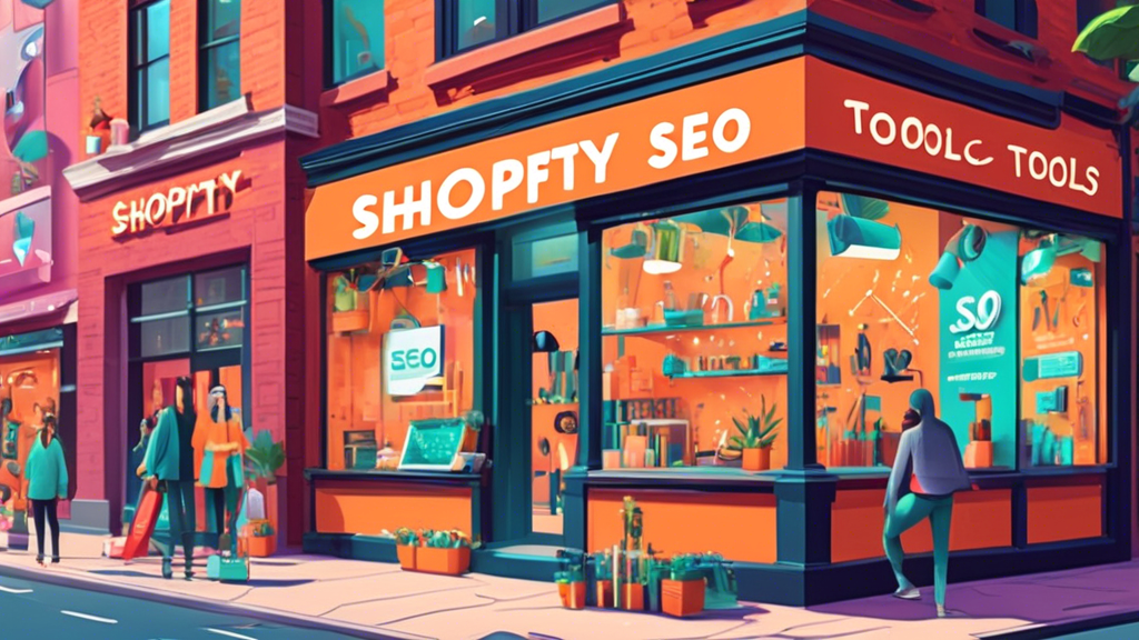 A vibrant storefront in a bustling shopping district, with a sign that reads Shopify SEO Tools and an array of digital marketing tools floating around the store, such as keywords, analytics, and backl