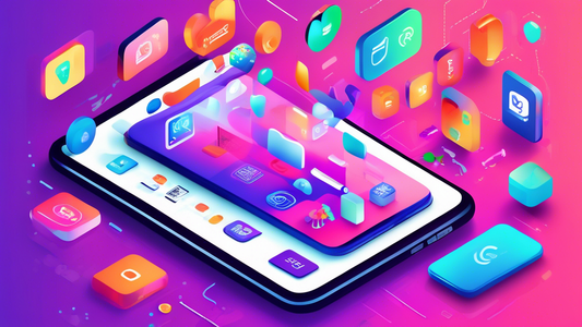 A digital illustration of a smartphone with the Shopify logo on the screen, surrounded by colored icons representing various app integrations, such as marketing, analytics, and customer service. The b