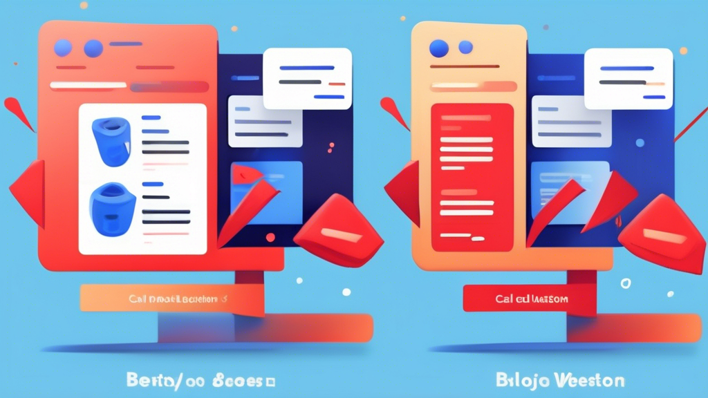 A colorful split-screen image showing two website pages undergoing A/B testing. The page on the left has a blue call-to-action button, while the page on the right has a red call-to-action button. Arro