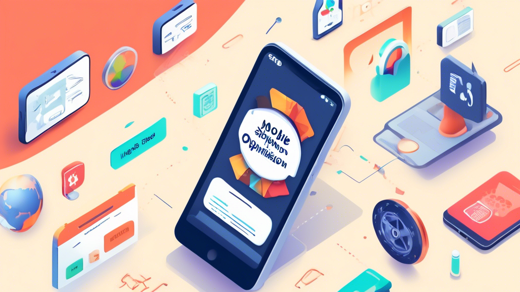 A smartphone displaying a Shopify storefront with a banner that reads Mobile Optimization Tools. The phone is surrounded by SEO-related icons, such as a search engine, a magnifying glass, a globe, and