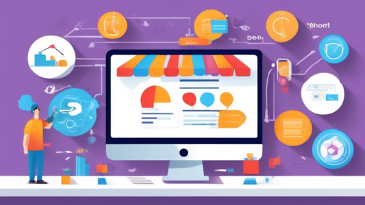 A vibrant and engaging infographic that visually explains how to optimize Shopify stores for search engines (SEO) to boost conversions. The infographic should include key strategies, best practices, a