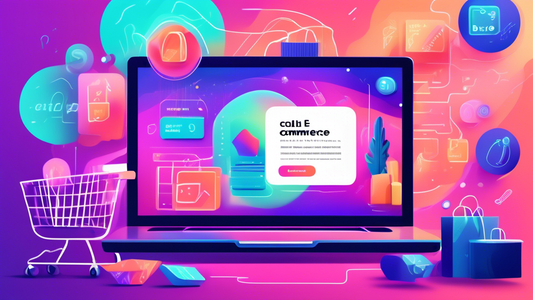 A computer screen displaying a Shopify store with various e-commerce elements, such as product images, call-to-actions, and a shopping cart. The screen is surrounded by a futuristic, abstract backgrou