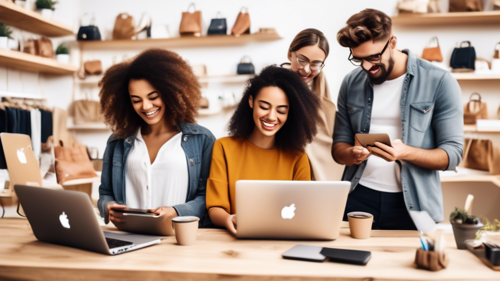 Create an image of a diverse group of happy online shoppers using laptops and phones to browse a visually appealing Shopify store displayed on the screens. The store should feature a variety of products and have a sleek, modern design to convey a sen