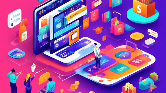 A vibrant and dynamic illustration showcasing how custom Shopify apps can enhance conversions, featuring an array of vibrant graphics, icons, and user interfaces representing various apps and their be