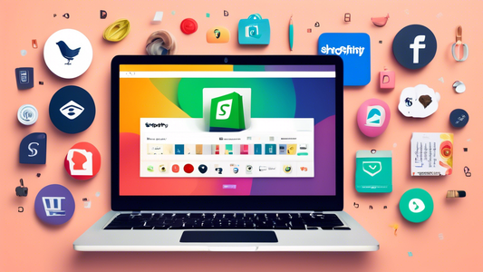 A sleek laptop screen displaying the Shopify logo, surrounded by various marketing and branding elements such as social media icons, color swatches, and typography, all arranged in a visually appealin