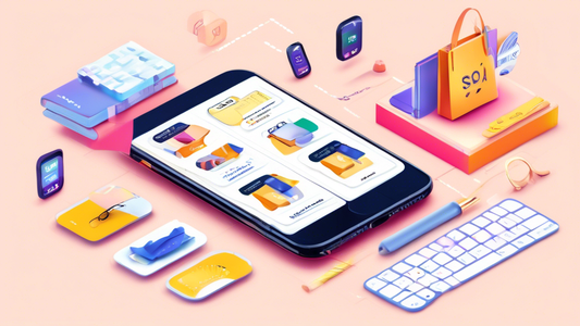 A smartphone screen displaying a Shopify store interface with various SEO optimization tools and features, such as keyword research, site speed analysis, and mobile optimization diagnostics.