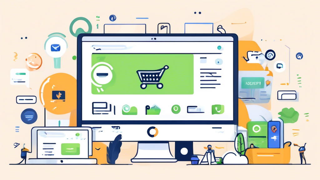 An image of a Shopify store with a search bar in the center, surrounded by various SEO-related plugins. The plugins should be represented as icons or small images, and they should include features suc