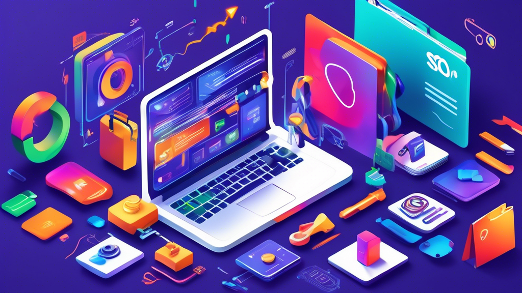 A vibrant and dynamic image showcasing the transformative power of Shopify SEO tools in unlocking sales and boosting conversions. The image should feature a central focus on a sleek laptop with Shopif