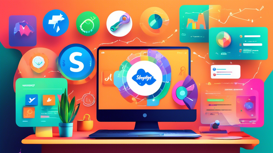 A bright and vibrant image of a laptop screen displaying the Shopify dashboard with multiple SEO plugins installed. The plugins are represented by colorful icons, such as a magnifying glass for keywor
