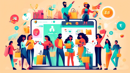 Create an image of a diverse group of happy customers making purchases on a Shopify website, with various products displayed prominently. Include elements that symbolize increasing sales, such as growth charts and money signs. The image should convey