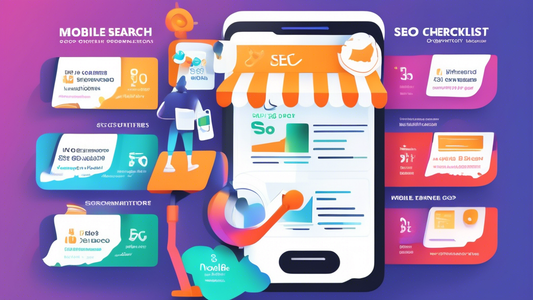 A vibrant and engaging infographic presenting a mobile search engine optimization (SEO) checklist tailored for Shopify stores. The infographic should include key optimization tips and best practices, 