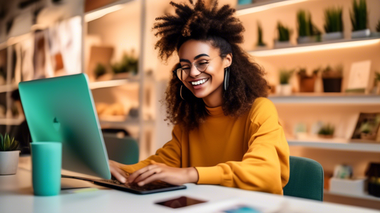 An image of a person at a computer, using a Shopify store, with a satisfied expression. The image should be bright and colorful, and convey a sense of ease and convenience. The person could be using a