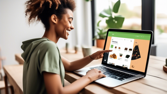 A person happily using a Shopify app on their laptop, showcasing the seamless integration between the app and the Shopify dashboard. The image should convey the ease of use and the benefits of using a