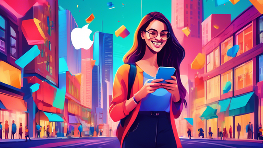 A colorful and vibrant cityscape with Shopify logos scattered throughout. The buildings are modern and sleek, with large windows that offer views of the bustling streets below. In the foreground, a yo