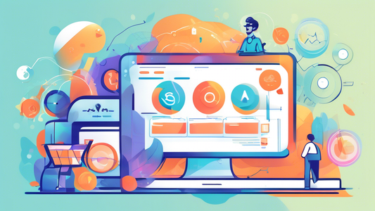 An abstract illustration representing the optimization of a Shopify app for SEO success. The image should include elements of the Shopify platform, such as the admin panel, the app store, and the chec