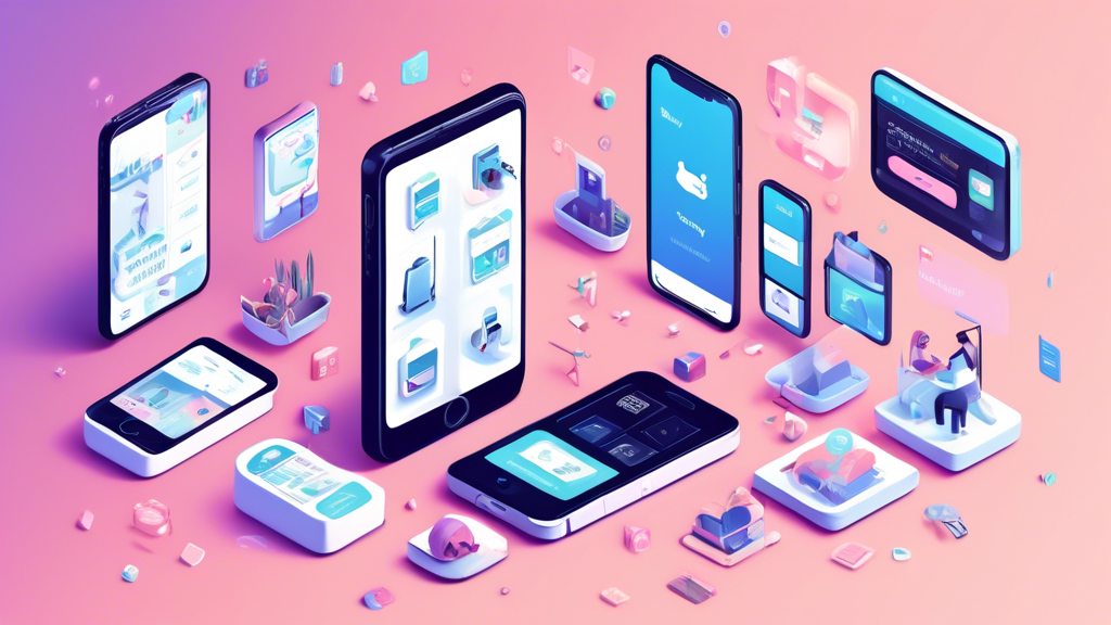 An isometric illustration depicting a mobile phone in the center of the scene, surrounded by various elements representing the Shopify experience. These elements could include:

* Customizable storefr