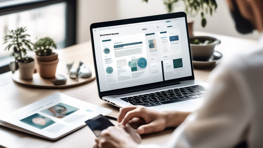 An image of a person using a laptop with a split-screen view of two different website designs. The person is carefully comparing the two designs, with a magnifying glass in hand. The image conveys the