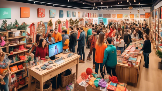 A panoramic view of a bustling Shopify store, filled with customers browsing products and making purchases. The store is decorated with bright colors and festive decorations, and there are sales signs